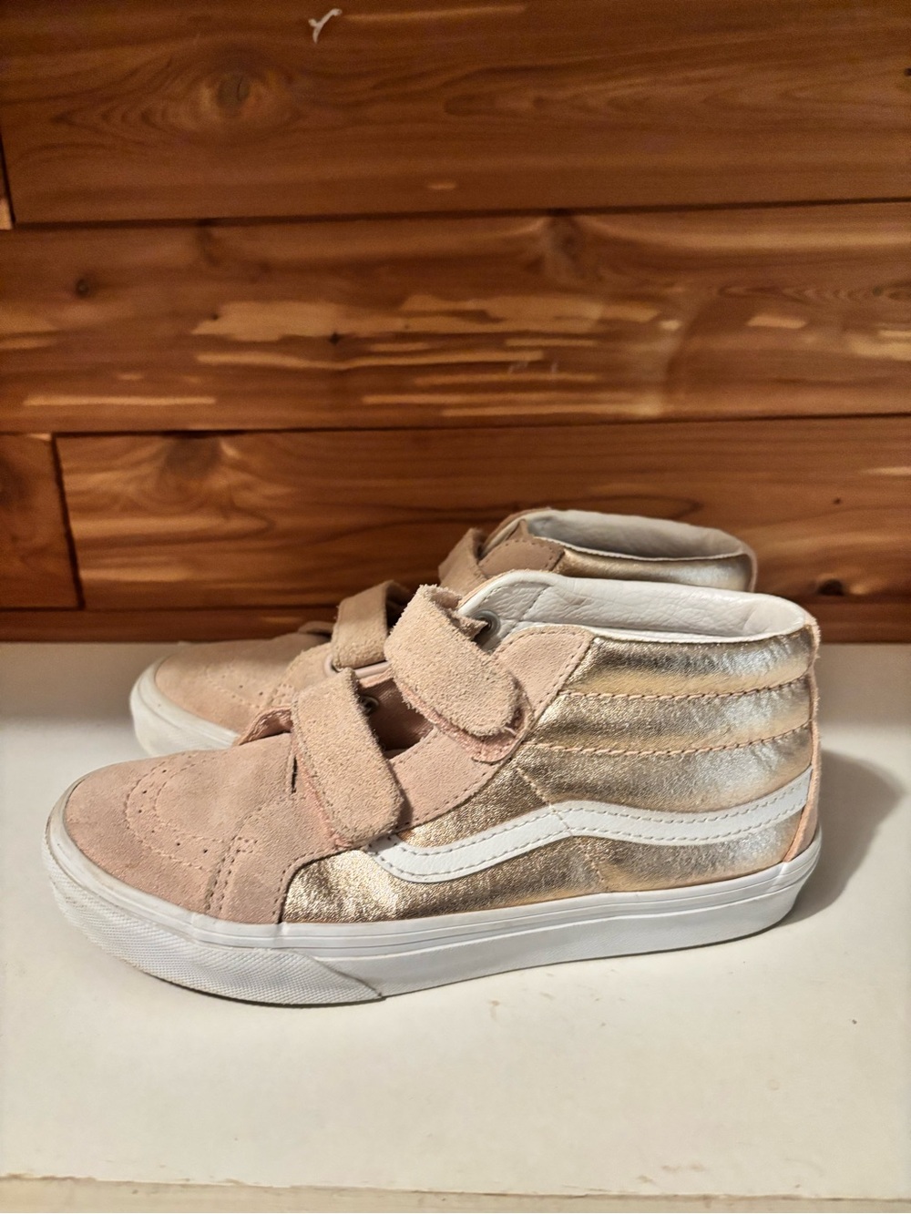 Vans Kids High-Top Velcro Sneakers in Metallic Rose and Blush